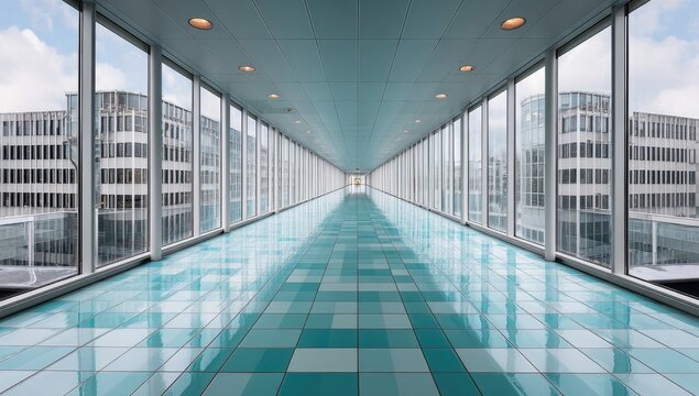 Modern Glass Skywalk Connecting Office Buildings with Reflective Floor.