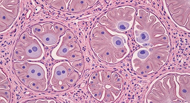 Microscopic view of a section of a biological tissue showing numerous acinar structures, each containing multiple cells with prominent nuclei