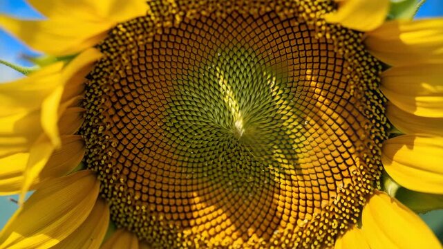 Macro detail of sunflower center with geometric natural pattern and texture 4K