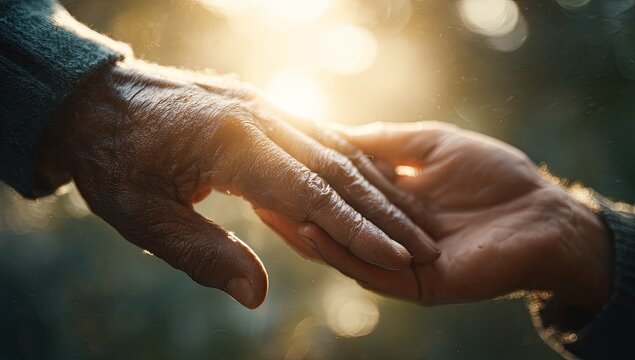 Close-up of two hands gently touching in warm sunlight.