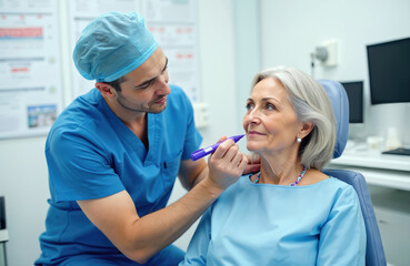 Fototapeta premium Surgeon draws marks on elderly woman face for cosmetic surgery procedure. Doctor consults patient about beauty treatment for rejuvenation and skin care in clinic.