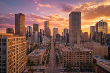 Fototapeta premium Denver Skyline at Sunset with Dramatic Clouds and City Lights.