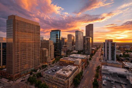 Denver Skyline at Sunset with Dramatic Clouds and City Lights.