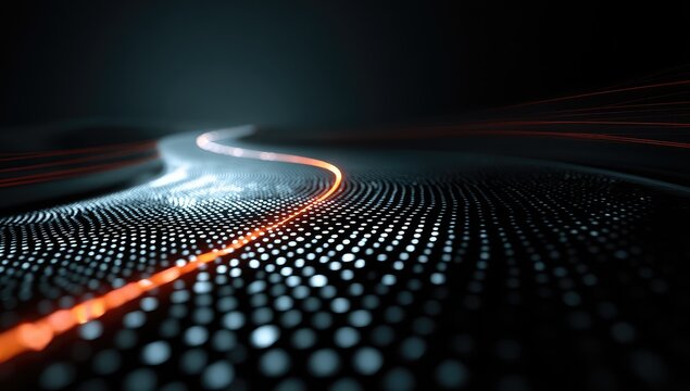 Abstract Digital Waveform of Glowing Orange Line on Dark Background.