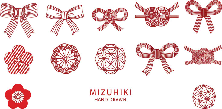 Mizuhiki decorative knots set hand drawn Japanese traditional ribbon ornaments elegant cultural design vector illustration collection