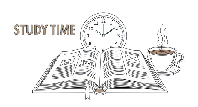 Open Book with Clock and Coffee.