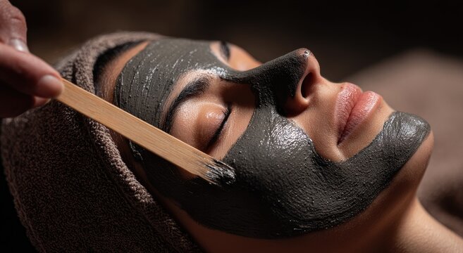 Close-up of a woman receiving a soothing mud facial treatment.