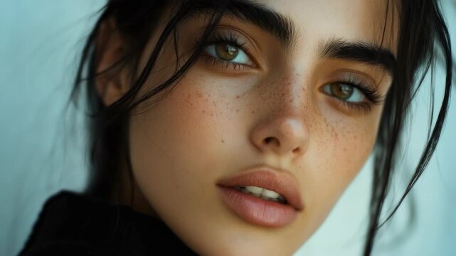 A young woman with a contemplative expression looking at the camera.