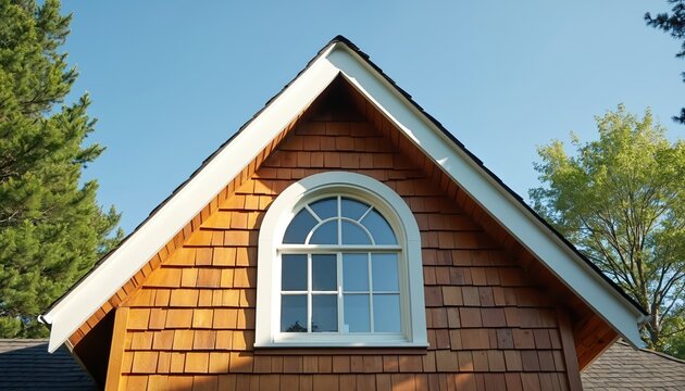 Gable end window set in warm cedar shake siding. White trim frames arched pane, reflecting blue sky and green trees. Natural wood exterior detail on sunny day.