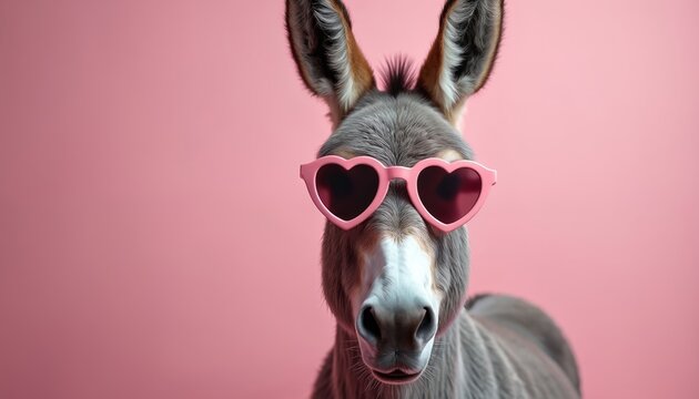 Cute donkey wears pink heart sunglasses. Funny animal portrait with pink background. Domesticated mammal with grey fur looks at camera. Happy donkey is ready for fun.