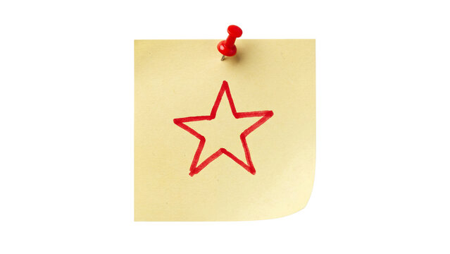Yellow sticky note with hand drawn red star pinned with red push pin, isolated PNG