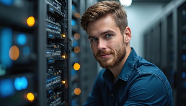 Man works in computer server room. IT specialist checks network equipment. Tech expert manages data center racks with blinking lights. Modern cybersecurity.