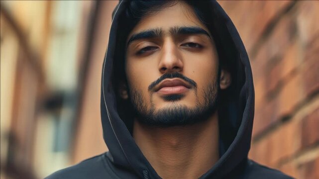 A young man with a beard and hoodie, contemplating the camera. A modern portrait in an urban street setting.