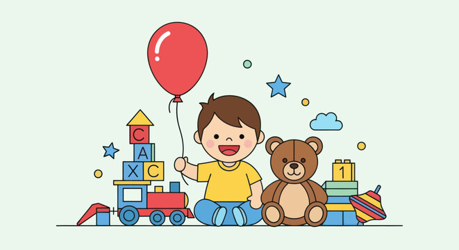 Happy little boy with teddy bear.