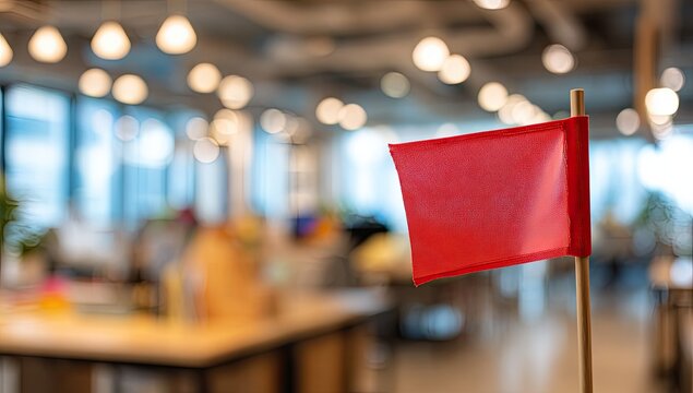 Red Flag in Modern Office Space with Blurred Background.