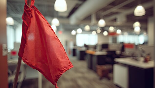 Red Flag in Modern Office Space Symbolizing Warning or Danger.