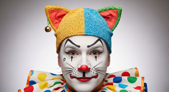 A close-up portrait of a person with elaborate cat-themed clown makeup and a colorful jester hat.