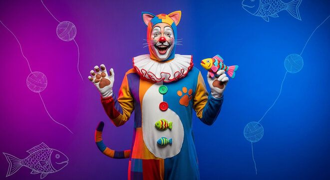 A vibrant cat-clown character in a colorful patchwork costume holding a fish toy against a split purple and blue background with whimsical drawings.