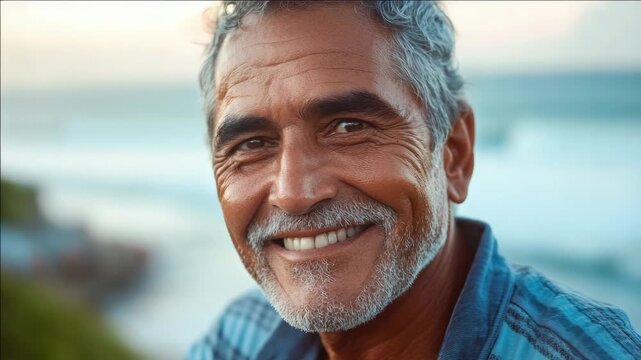 A man with a beard and mustache standing by the sea, smiling at the camera. He is wearing a blue shirt and appears to be enjoying his time by the ocean.