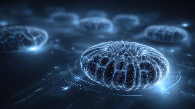 Detailed microscopic view of glowing blue cellular structures in a digital realm