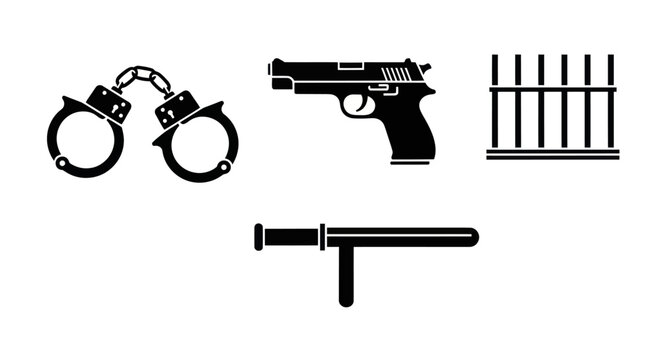 Set of black law enforcement and crime punishment icons on white background