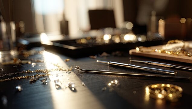 Jewelry Making Process Detailed Close-up of Tools and Materials.