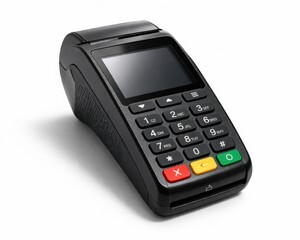 Obraz premium Generic payment terminal isolated on clean white background. Modern digital payment device with soft studio lighting and realistic texture. Financial technology, retail payment, business transaction.