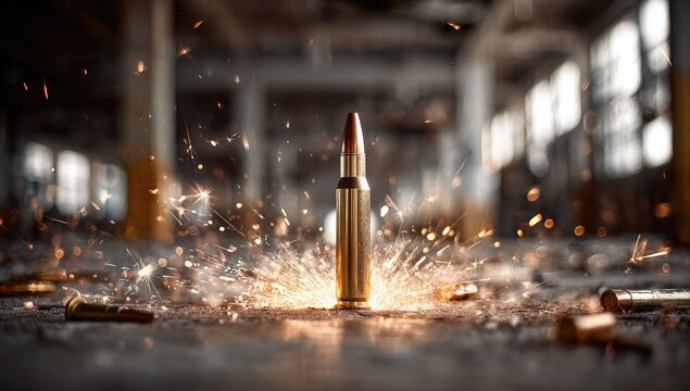 Exploding Bullet Impacting Surface with Debris and Sparks.