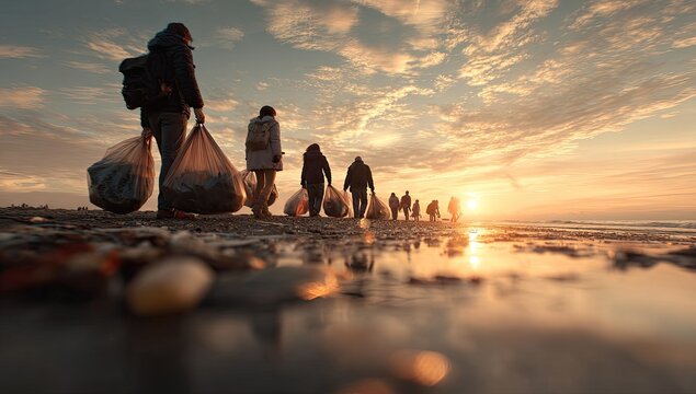 Migrant group walking on beach at sunset with bags.
