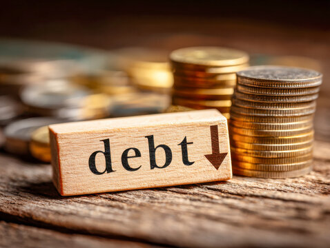 Wooden block with the word debt and downward arrow symbol next to stacks of gold and silver coins representing financial savings and debt reduction concept