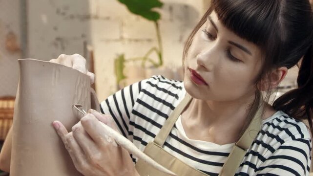 Woman sculpting clay vase and carving details with tool. Female holding ceramic form and shaping surface. Working carefully on handmade pottery. Creating artistic object in workshop.