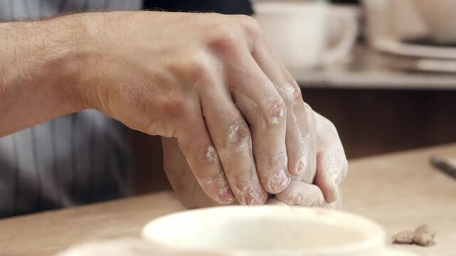 Hands shaping clay into cup form on table. Person pressing soft material and forming pottery. Working with fingers and controlling texture. Creating handmade ceramic item in workshop.