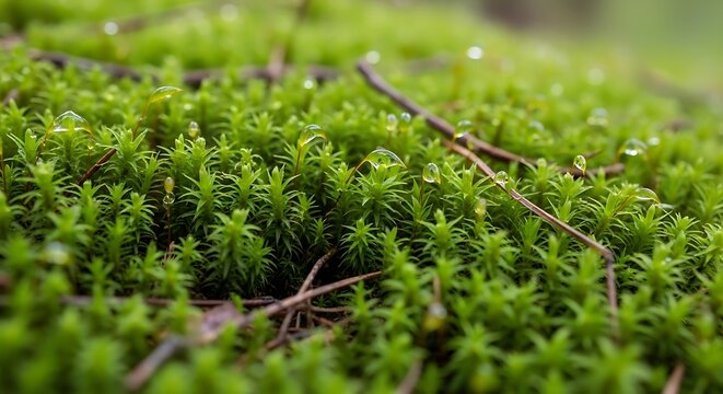 Close-up macro of green moss texture on forest floor, ultra detailed with soft natural lighting, fresh and moist appearance, natural background concept.