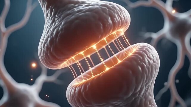 3D Microscopic Animation of a Neural Synapse with Electric Impulses and Neurotransmitters, Concept of Brain Activity, Human Intelligence, and Cognitive Functioning Processes