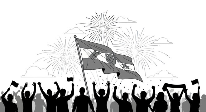 People Celebrating with Flags and Fireworks.