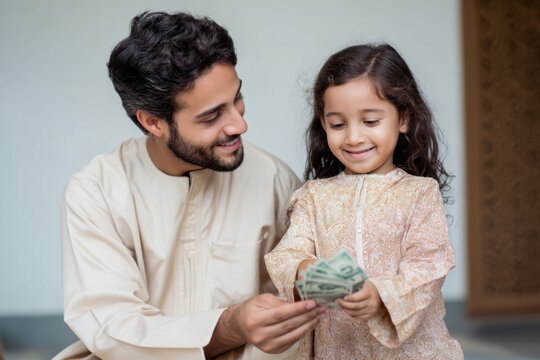 Father Giving Eidi Money to Happy Daughter