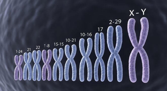 3D Rendering of Human Chromosomes Arranged by Size, Including Autosomes and Sex Chromosomes X and Y, Visualizing Genetic Information and Karyotype Structure