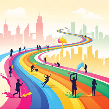 People play and interact on a vibrant rainbow road in a cityscape with tree