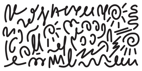 Fototapeta premium Scribble doodle underline emphasis line shape set. Hand drawn brush stroke elements. Abstract black marker and brush strokes set, hand drawn underline and scribble texture elements, grunge graffiti .