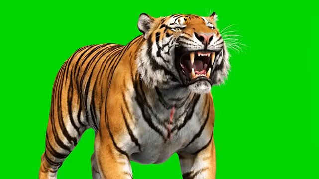 Powerful 3D rendered tiger roars ferociously, baring sharp fangs and showcasing its distinctive striped fur on a clean green screen background for versatile digital use