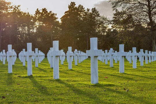 Markers line a cemetery near Normandy Beach in France