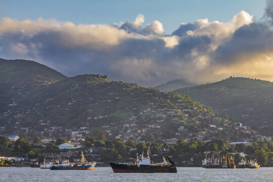Ships sit in Cline Bay on the shores of Freetown, Sierra Leone