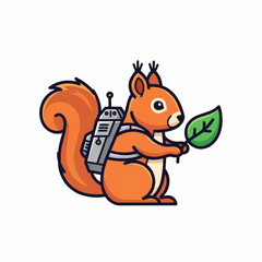 Fototapeta premium A cartoon squirrel with robotic backpack holds leaf standing outdoors