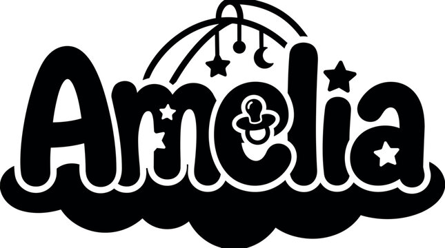 Black and white amelia lettering with baby pacifier and stars mobile vector art