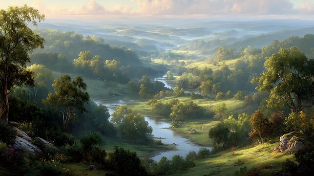 Lush green valley with a winding river and rolling hills under a soft sky landscape nature photo
