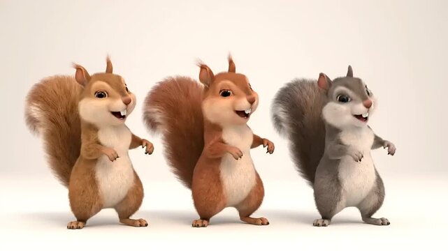 Cute and playful squirrels dancing and having fun in a studio with a white background, showcasing their adorable movements and joyful expressions