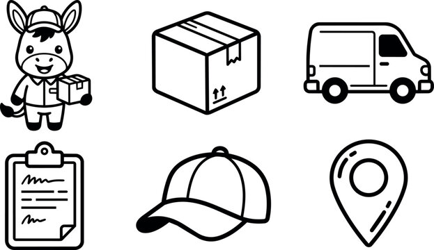 Black and white delivery service icons with donkey courier box van and location pin