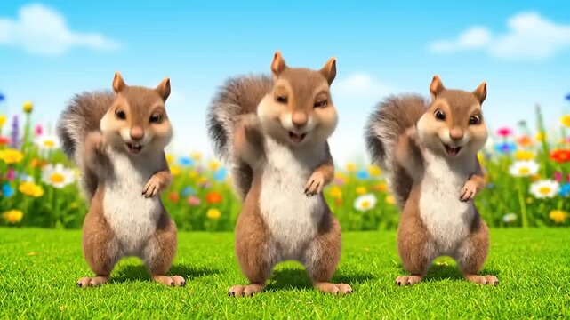 Three adorable, happy squirrels dancing in a sunlit meadow filled with colorful wildflowers on a bright, clear day