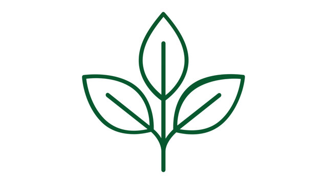 Green minimalist line art vector icon of three leaves on a stem, symbolizing growth, nature, and environmental sustainability, clean flat illustration for eco-friendly branding and web design.