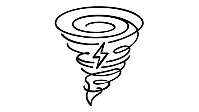 Minimalist tornado with lightning bolt vector icon illustration. Scalable black line art of a whirlwind cyclone storm. Flat design for weather forecasting, nature, and disaster concepts.